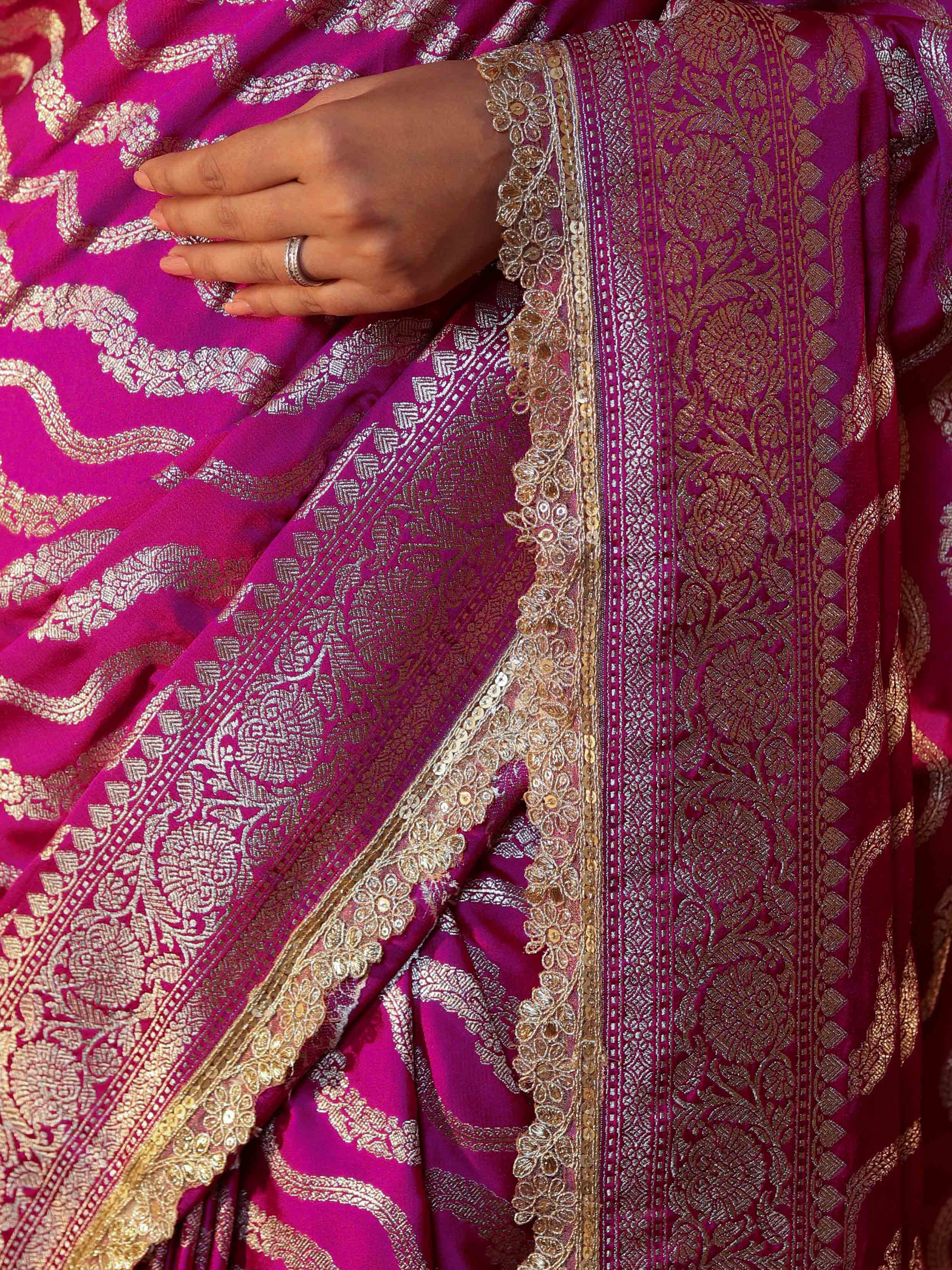Banarasee Semi Katan Saree With Silver Zari Design Floral Border & Lace-Magenta