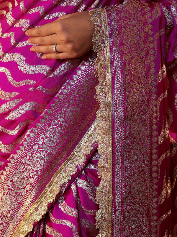 Banarasee Semi Katan Saree With Silver Zari Design Floral Border & Lace-Magenta