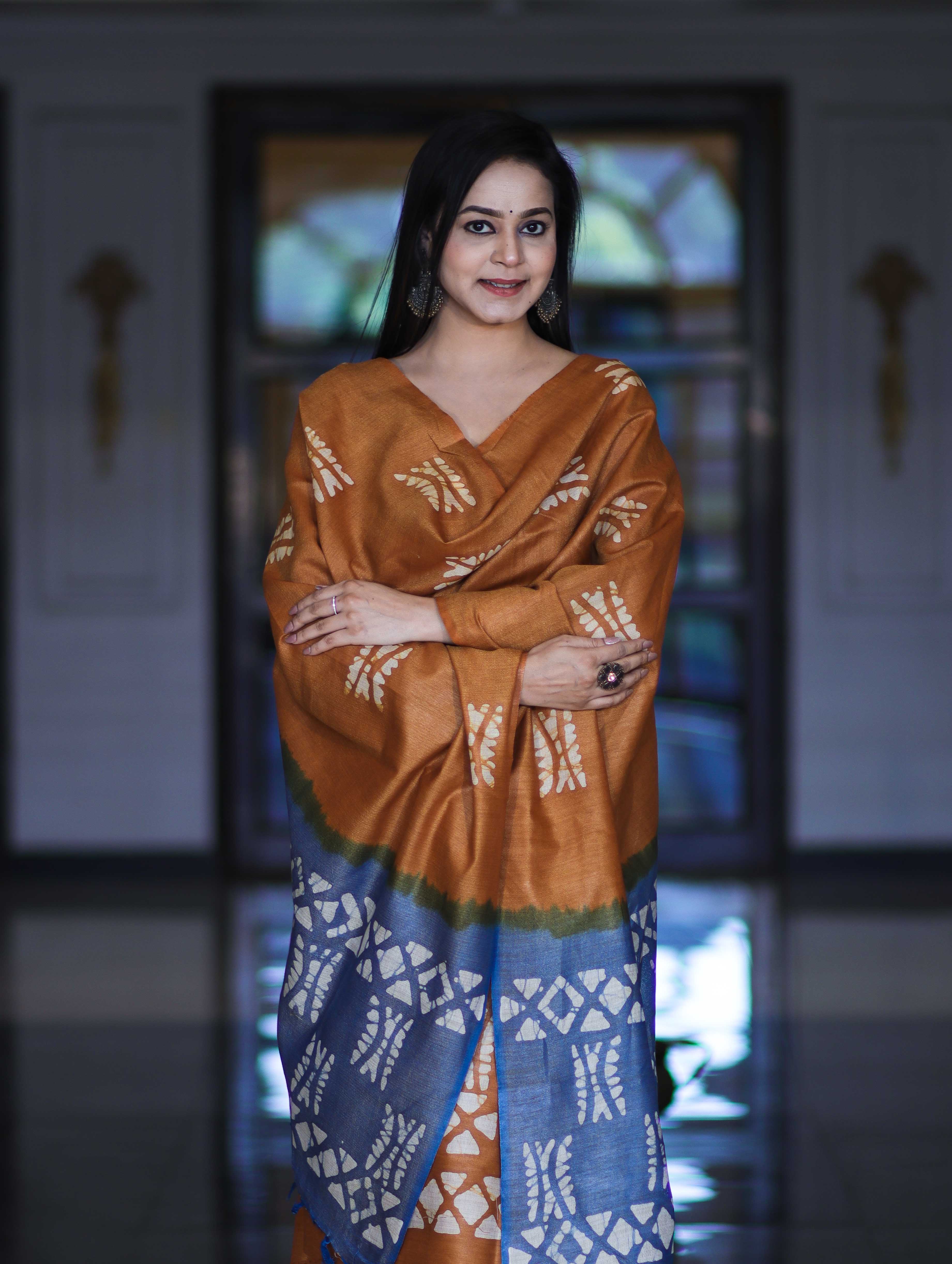 Pure Handloom Khadi Cotton Hand-Dyed Batik Pattern Salwar Kameez Dupatta Set-Dark Mustard & Blue