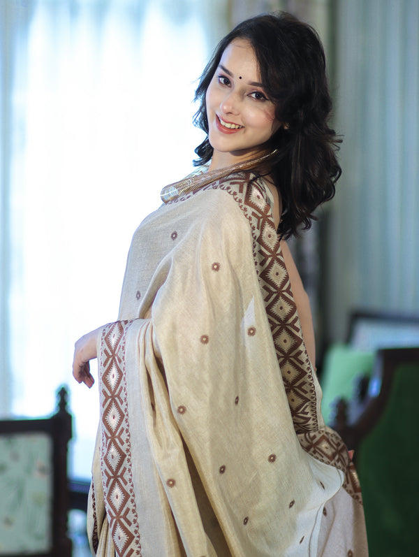 Banarasee Handwoven Semi-Tussar Saree With Resham Work & Geometric Border-Beige & Brown