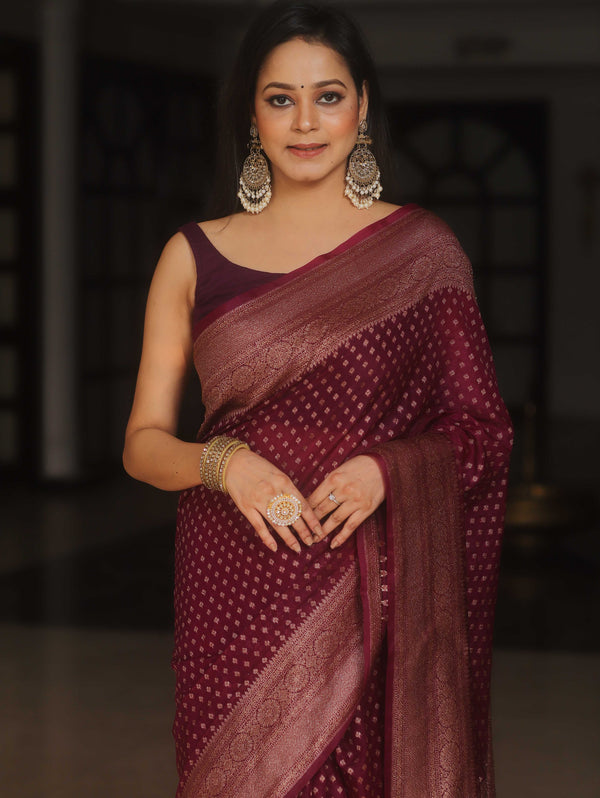 Banarasee Chiffon Saree With Antique Zari Work-Violet