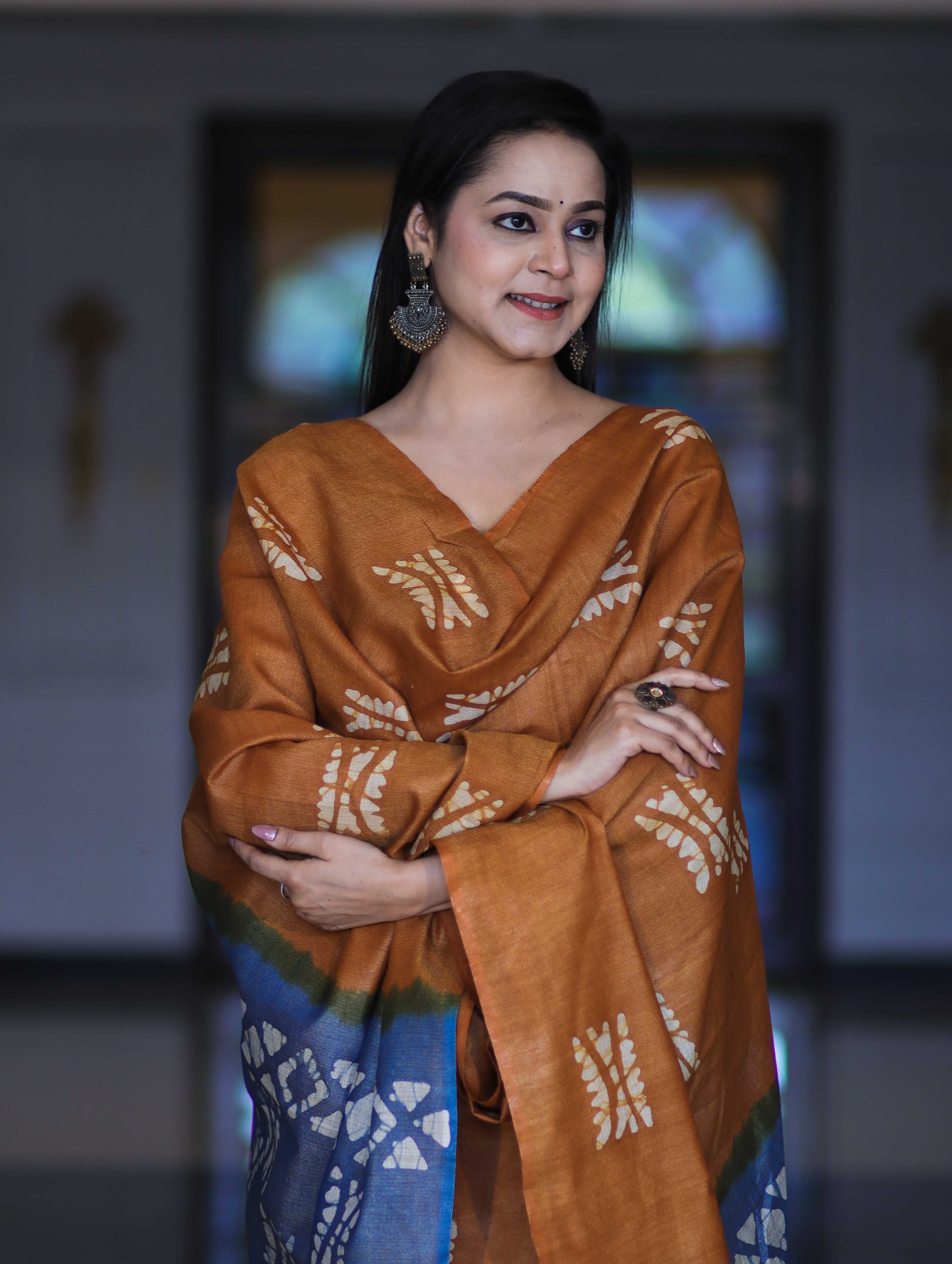 Pure Handloom Khadi Cotton Hand-Dyed Batik Pattern Salwar Kameez Dupatta Set-Dark Mustard & Blue