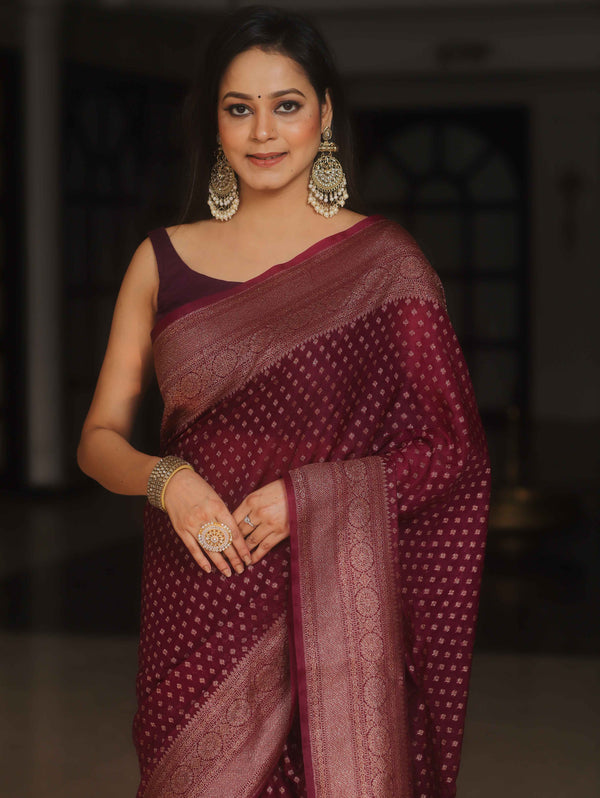Banarasee Chiffon Saree With Antique Zari Work-Violet