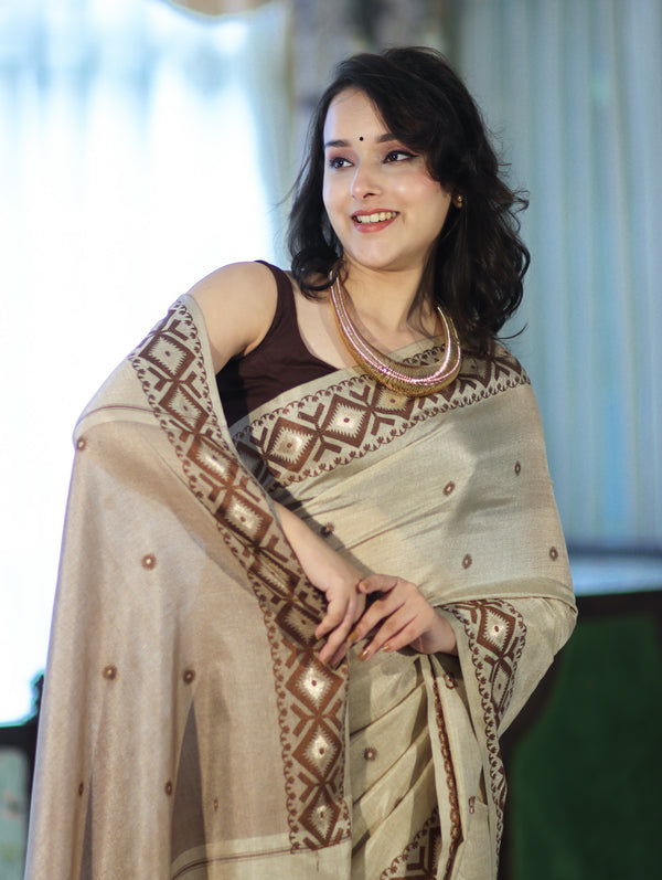 Banarasee Handwoven Semi-Tussar Saree With Resham Work & Geometric Border-Beige & Brown