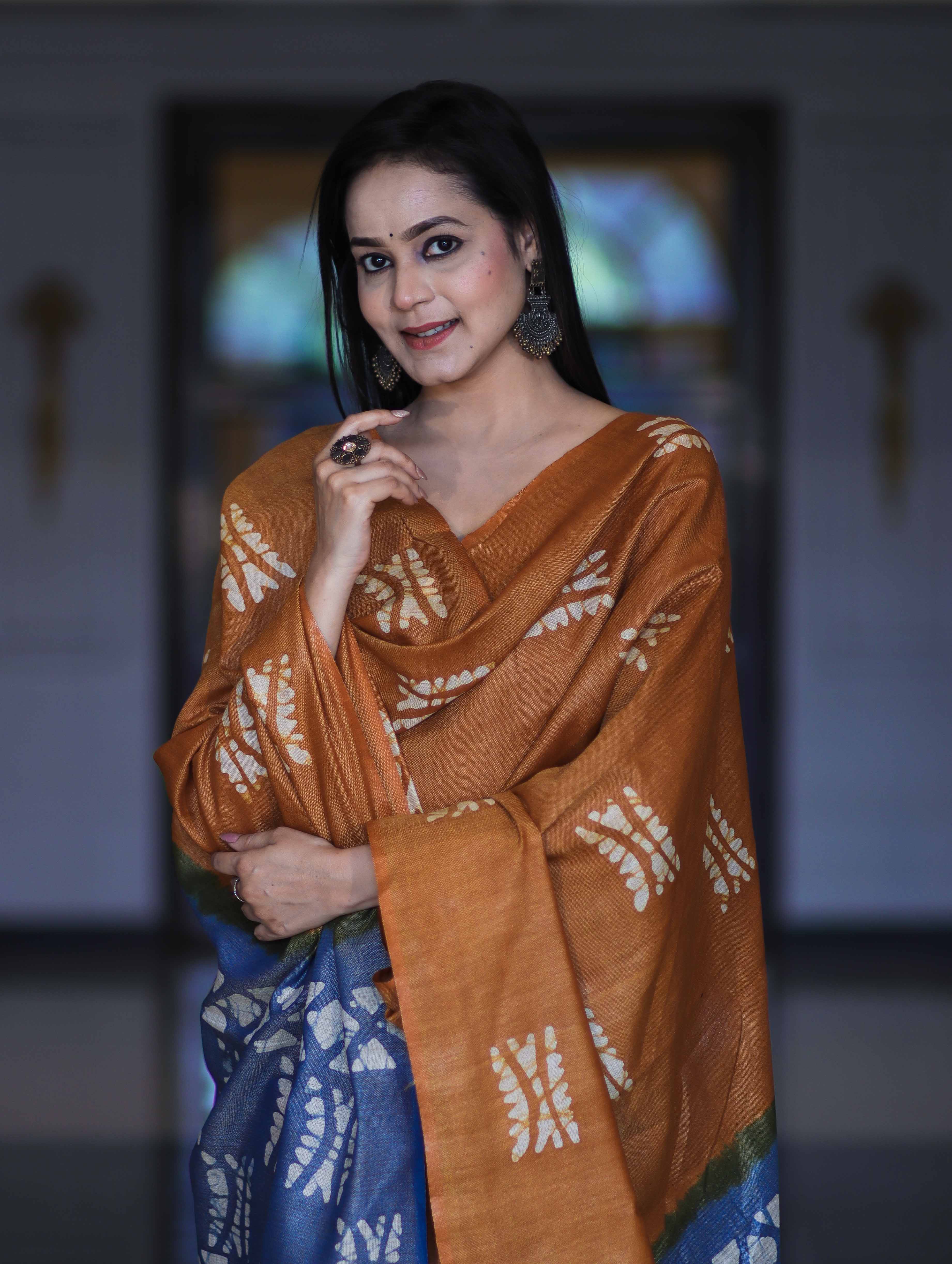 Pure Handloom Khadi Cotton Hand-Dyed Batik Pattern Salwar Kameez Dupatta Set-Dark Mustard & Blue