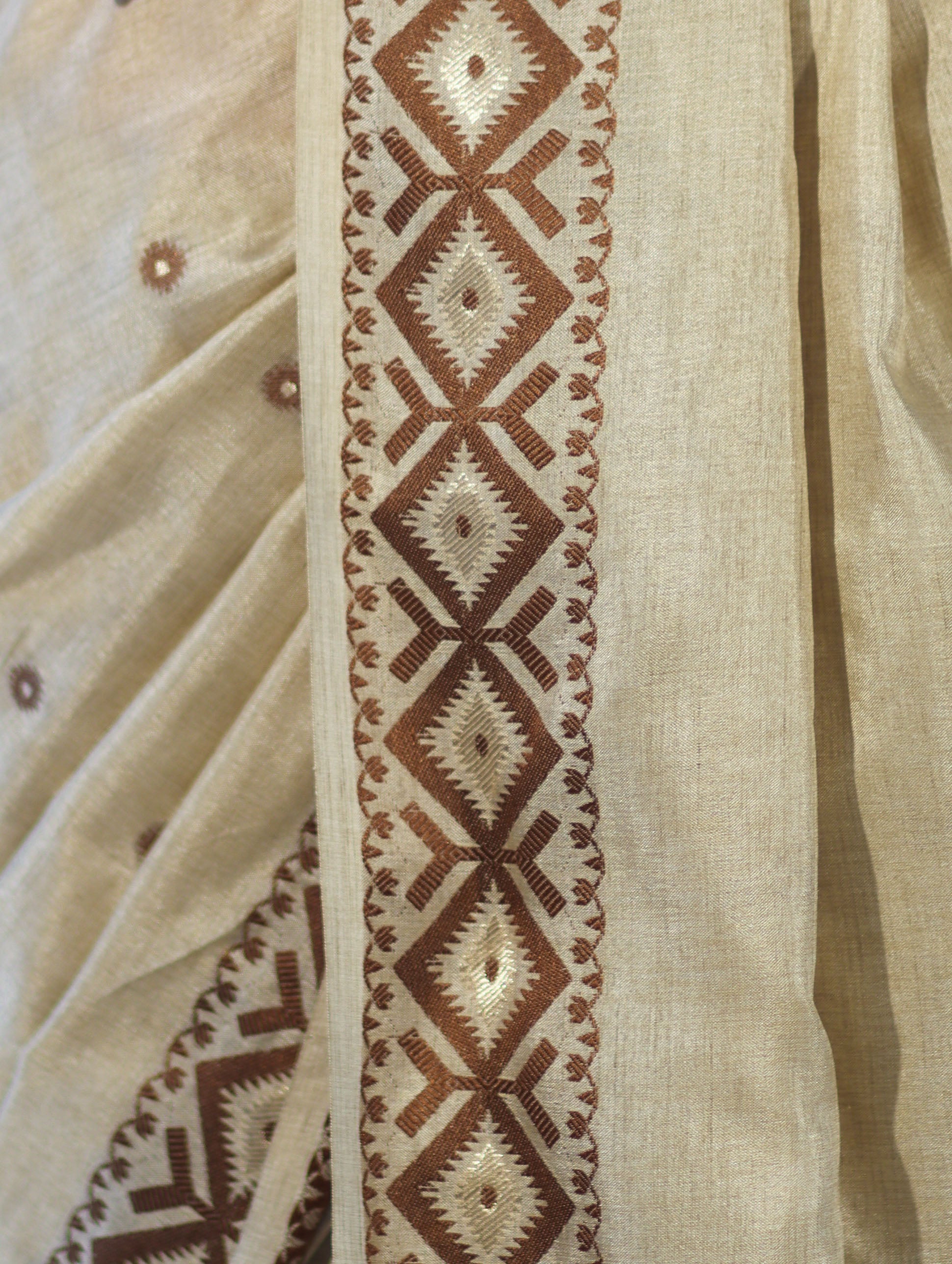 Banarasee Handwoven Semi-Tussar Saree With Resham Work & Geometric Border-Beige & Brown