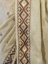 Banarasee Handwoven Semi-Tussar Saree With Resham Work & Geometric Border-Beige & Brown