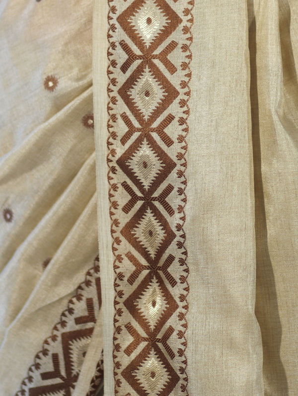 Banarasee Handwoven Semi-Tussar Saree With Resham Work & Geometric Border-Beige & Brown