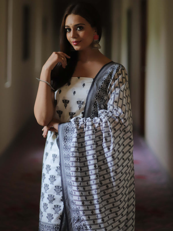 Banarasee Cotton Silk Resham Work Salwar Kameez Fabric & Dupatta-White