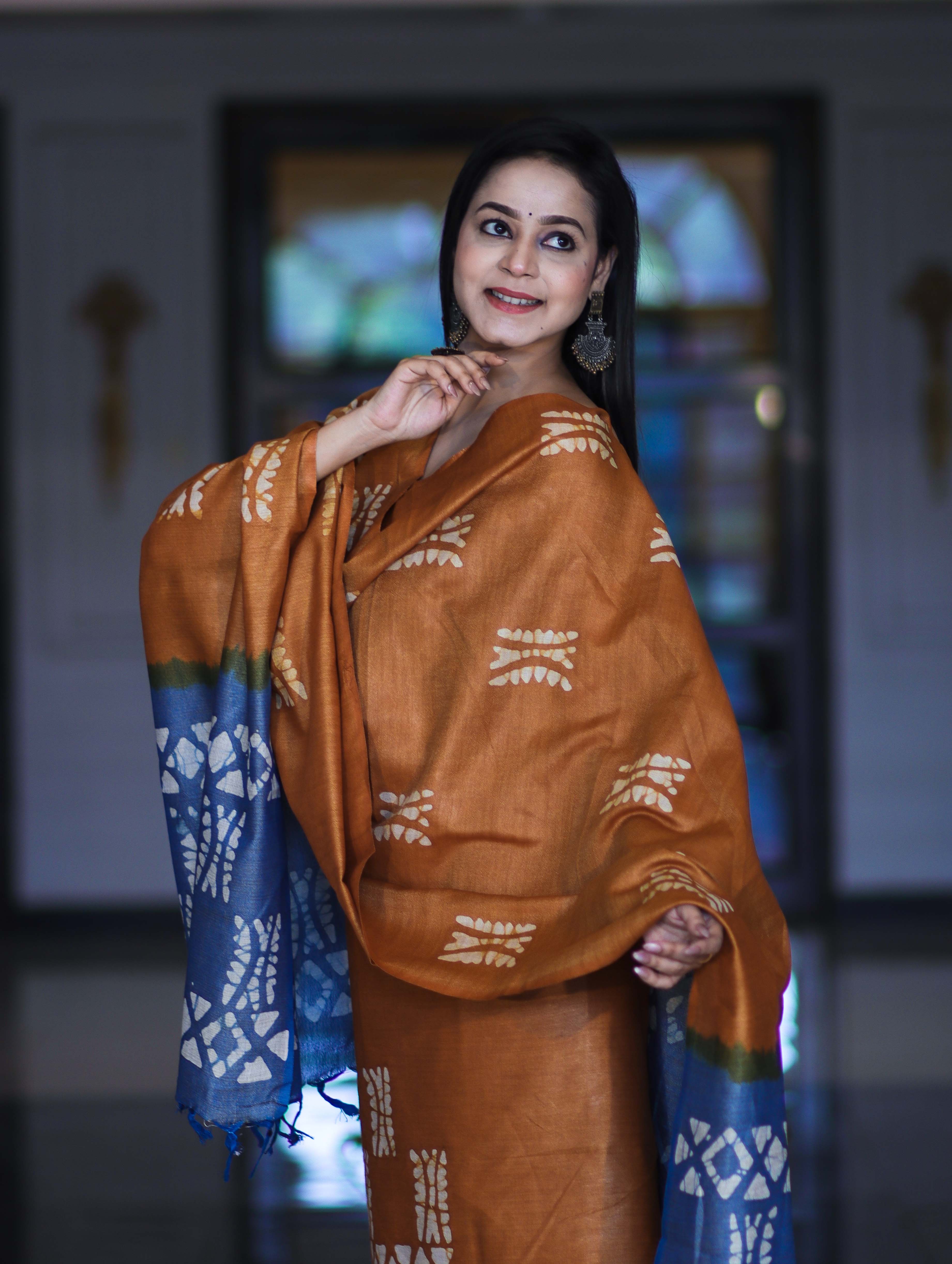 Pure Handloom Khadi Cotton Hand-Dyed Batik Pattern Salwar Kameez Dupatta Set-Dark Mustard & Blue