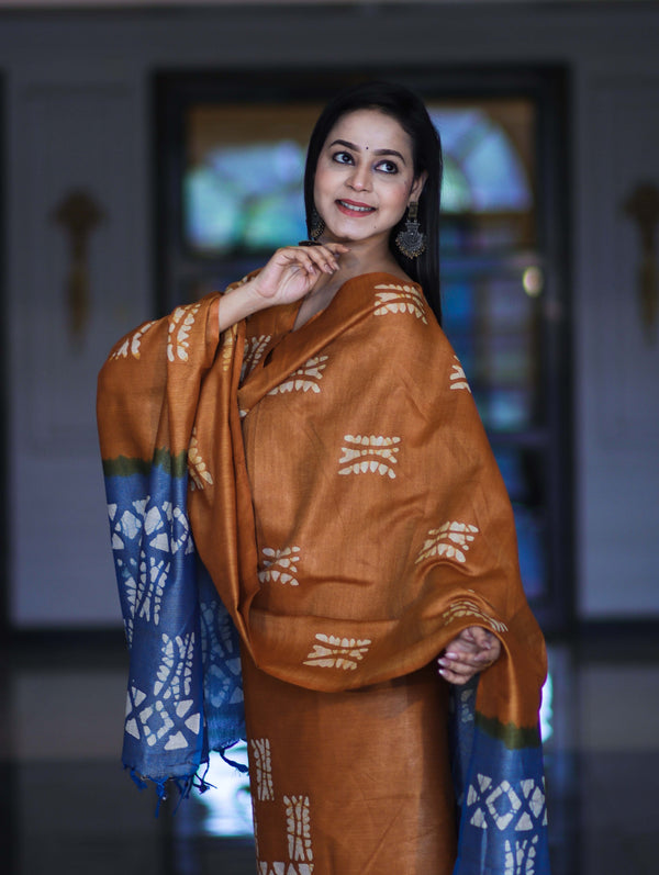 Pure Handloom Khadi Cotton Hand-Dyed Batik Pattern Salwar Kameez Dupatta Set-Dark Mustard & Blue