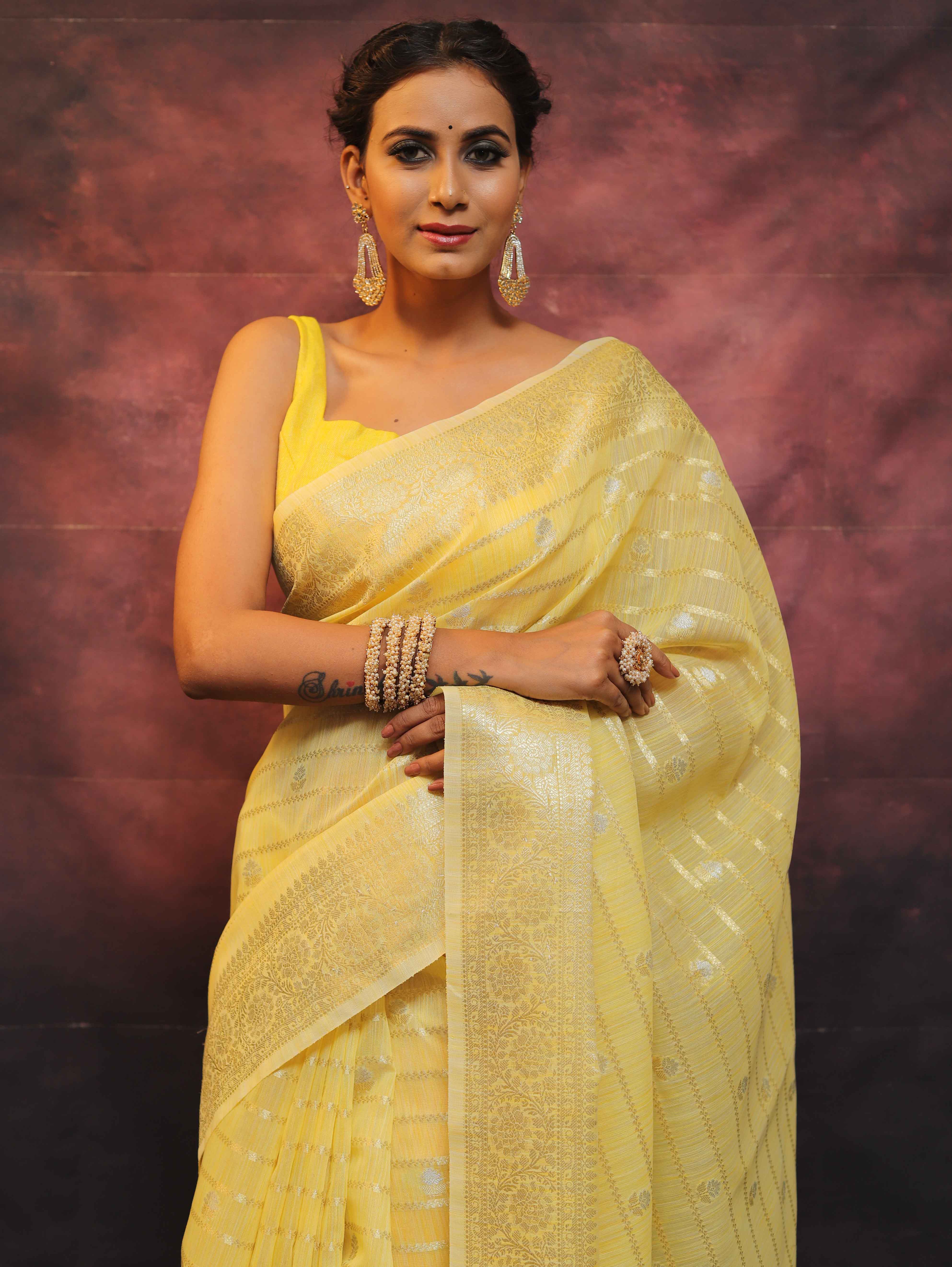 Banarasee Cotton Silk Mix Saree With Stripes Design-Yellow