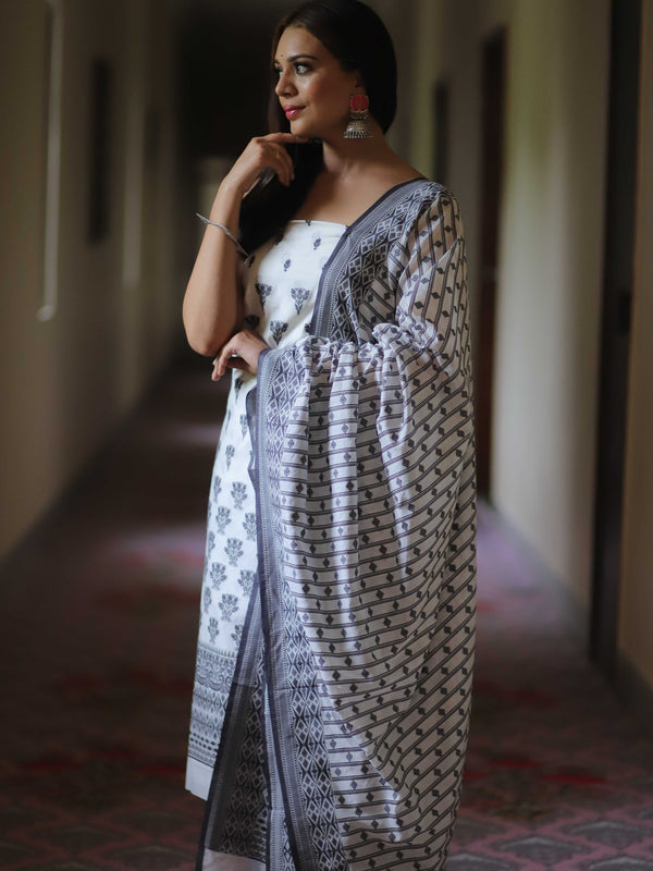 Banarasee Cotton Silk Resham Work Salwar Kameez Fabric & Dupatta-White
