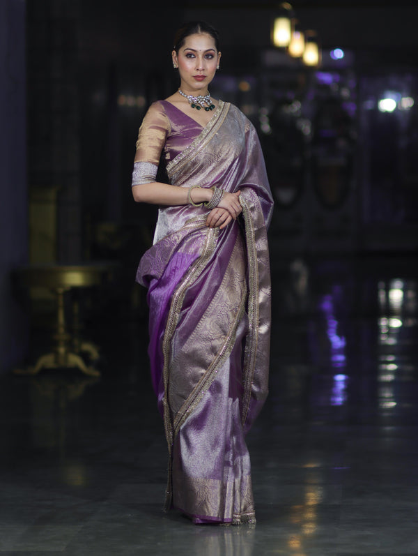 Banarasee Handloom Plain Tissue Saree With Zari Border & Lace-Light Purple