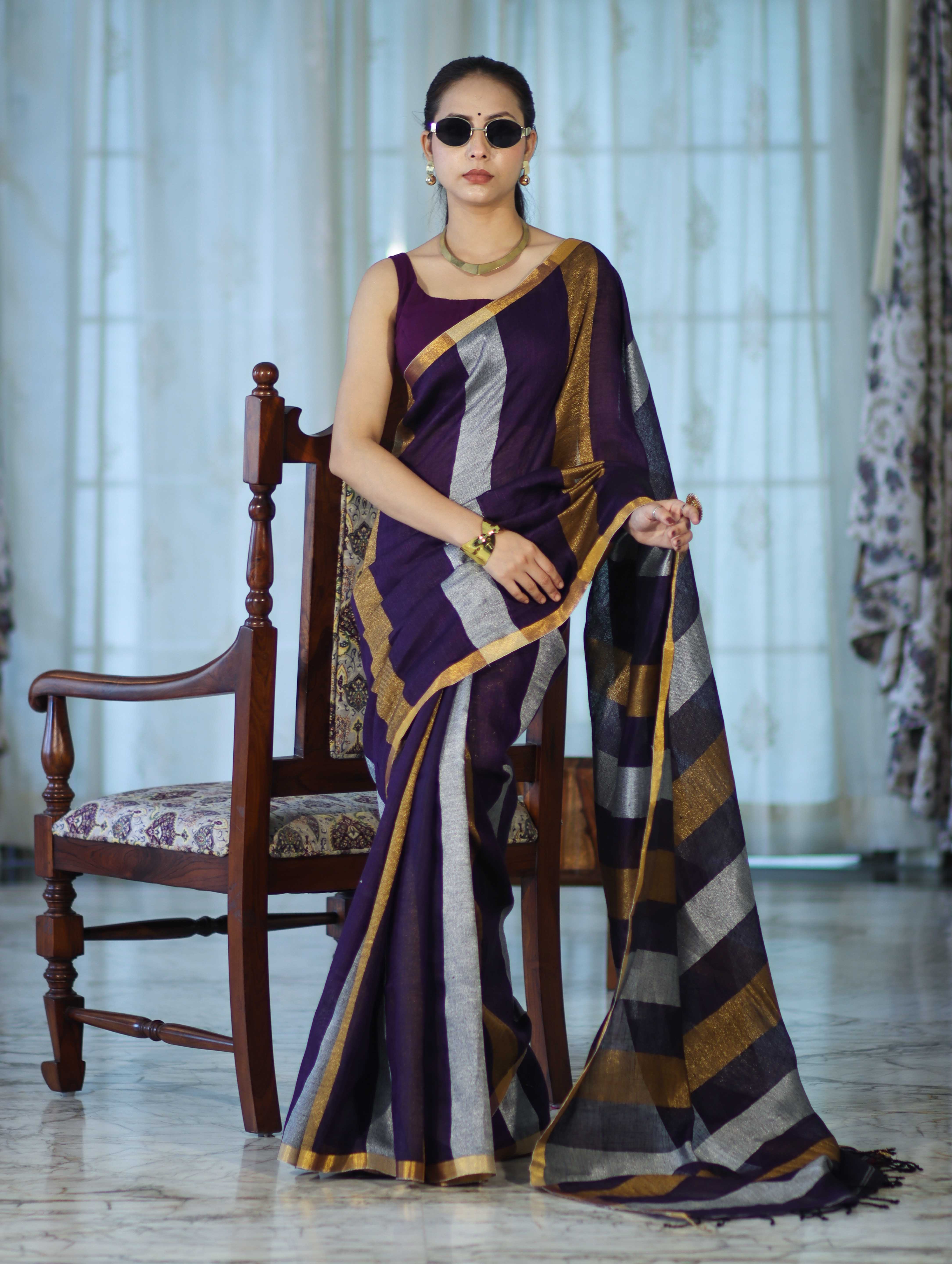 Bhagalpur Handloom Pure Linen Saree With Gold & Silver Stripes-Violet