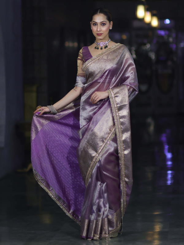 Banarasee Handloom Plain Tissue Saree With Zari Border & Lace-Light Purple