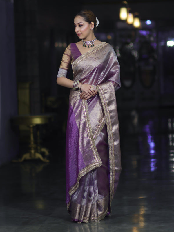 Banarasee Handloom Plain Tissue Saree With Zari Border & Lace-Light Purple