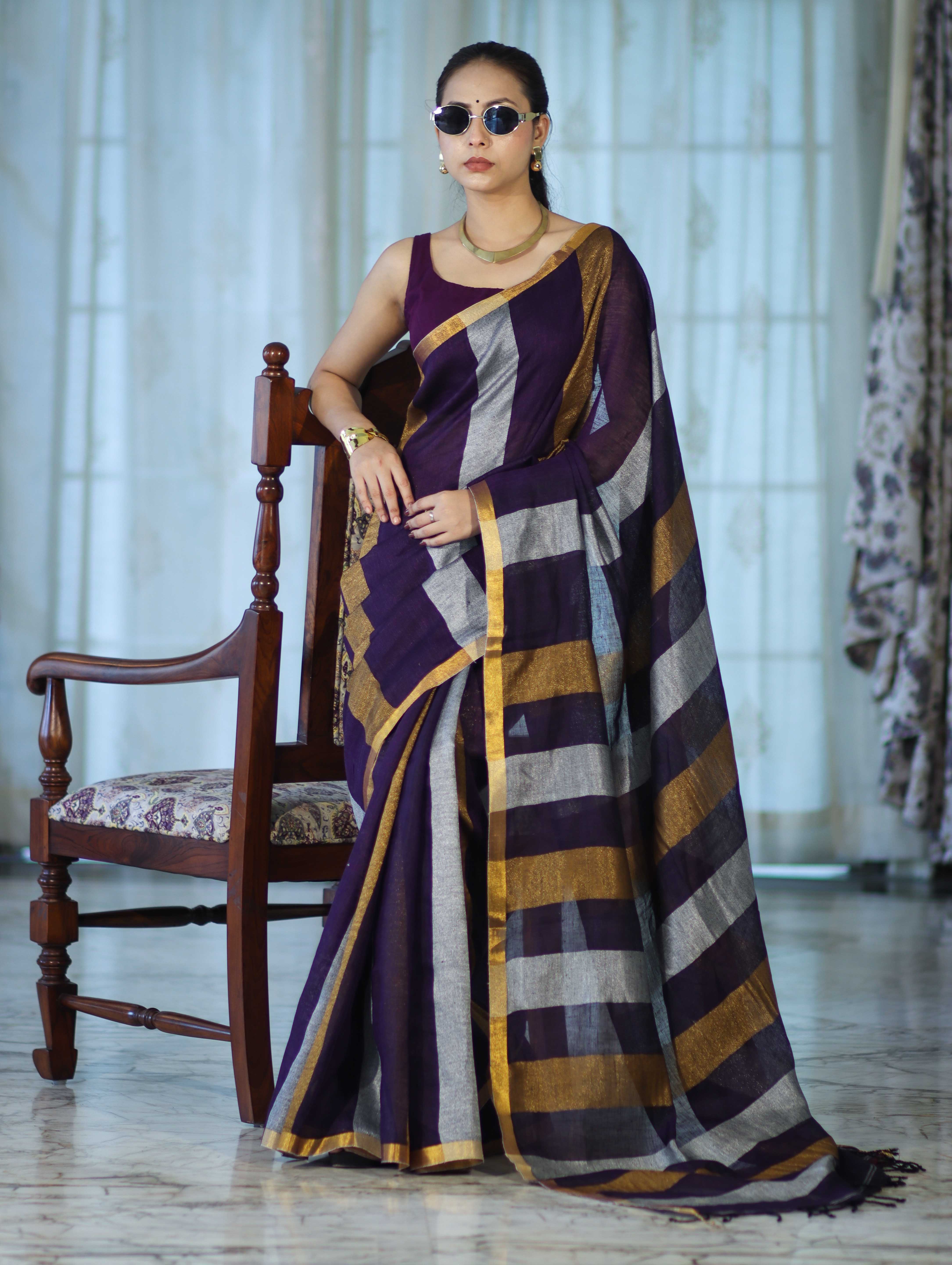 Bhagalpur Handloom Pure Linen Saree With Gold & Silver Stripes-Violet