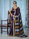 Bhagalpur Handloom Pure Linen Saree With Gold & Silver Stripes-Violet