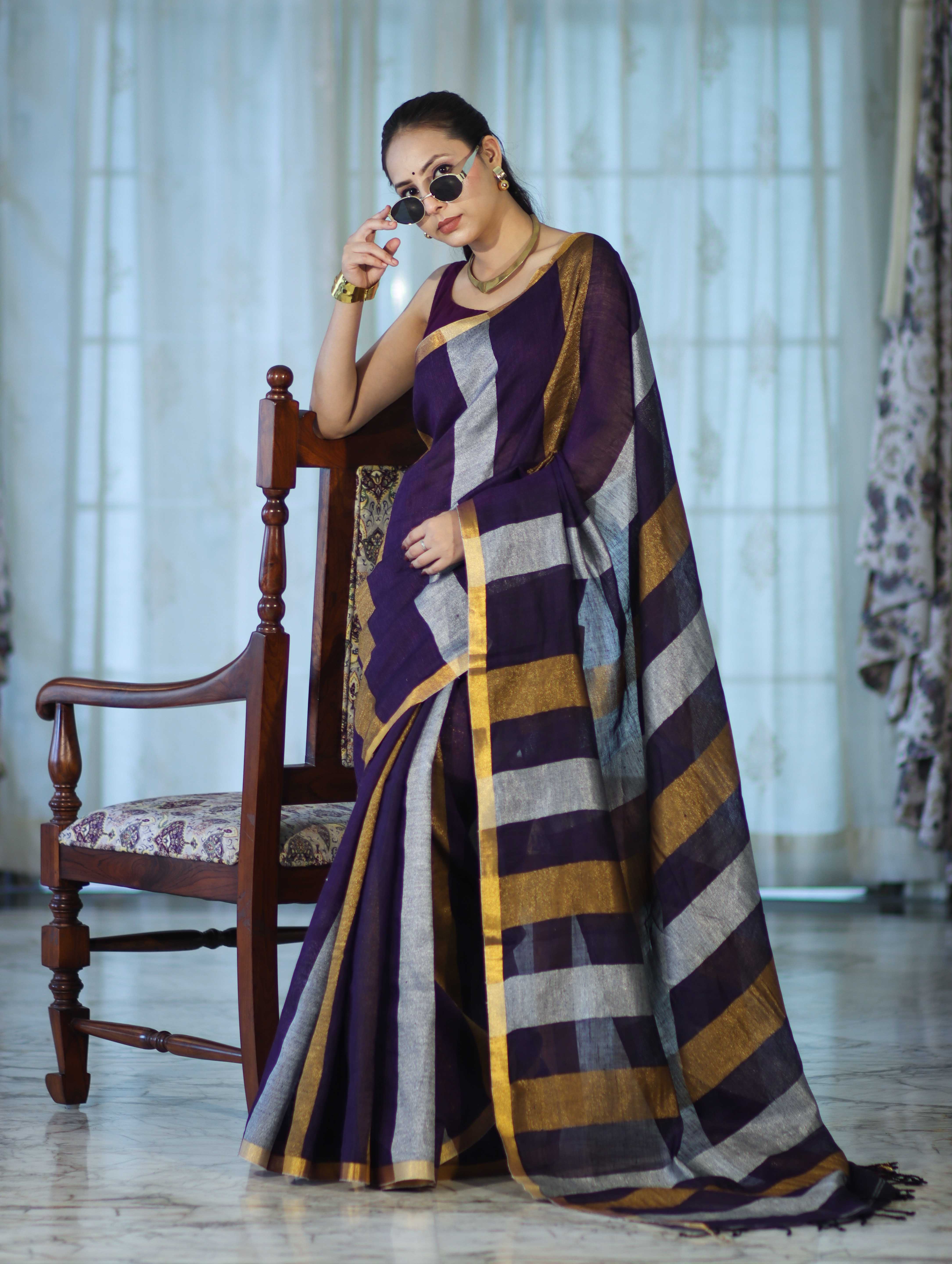 Bhagalpur Handloom Pure Linen Saree With Gold & Silver Stripes-Violet