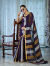 Bhagalpur Handloom Pure Linen Saree With Gold & Silver Stripes-Violet