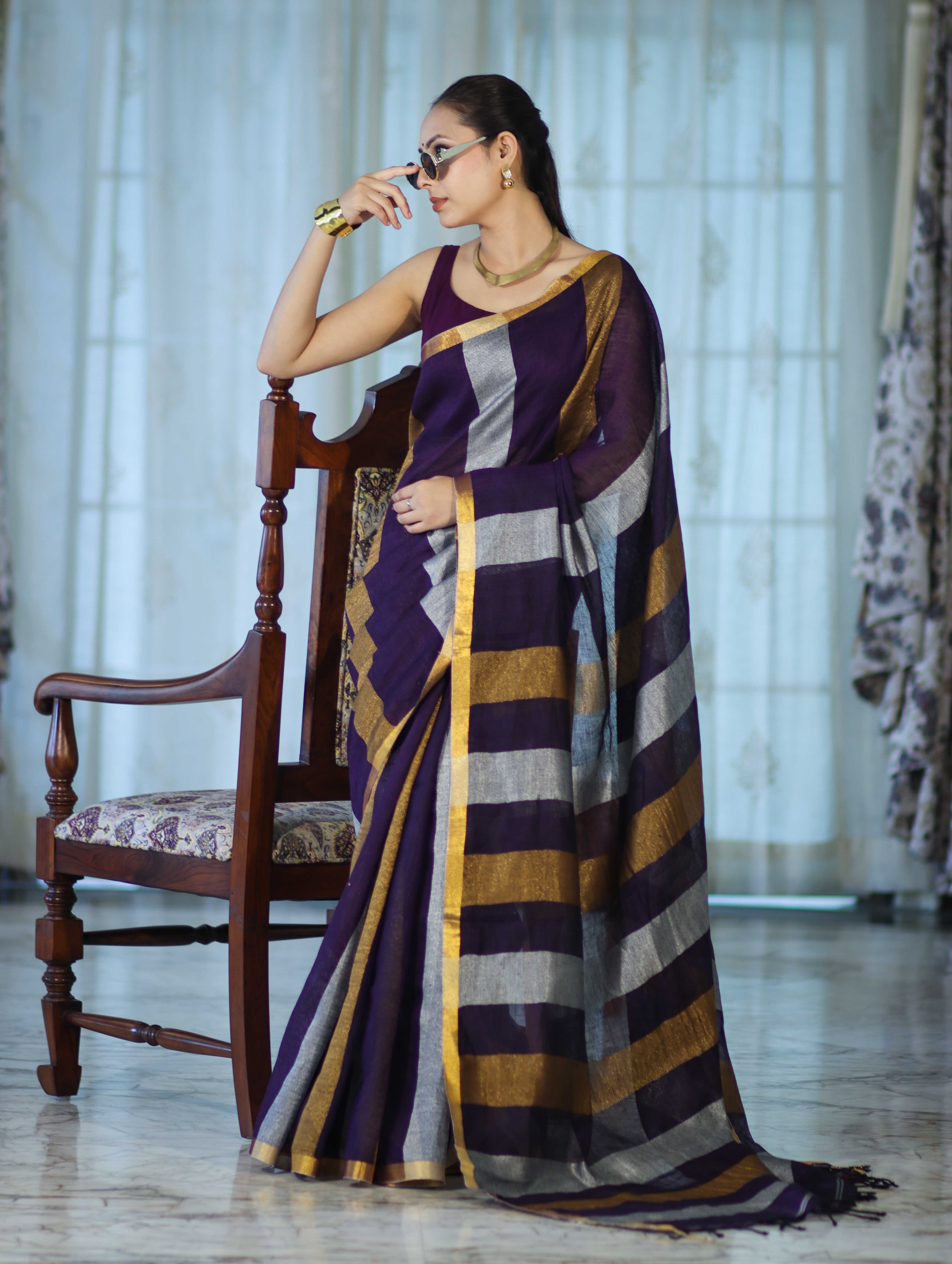 Bhagalpur Handloom Pure Linen Saree With Gold & Silver Stripes-Violet