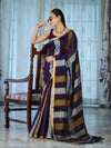 Bhagalpur Handloom Pure Linen Saree With Gold & Silver Stripes-Violet
