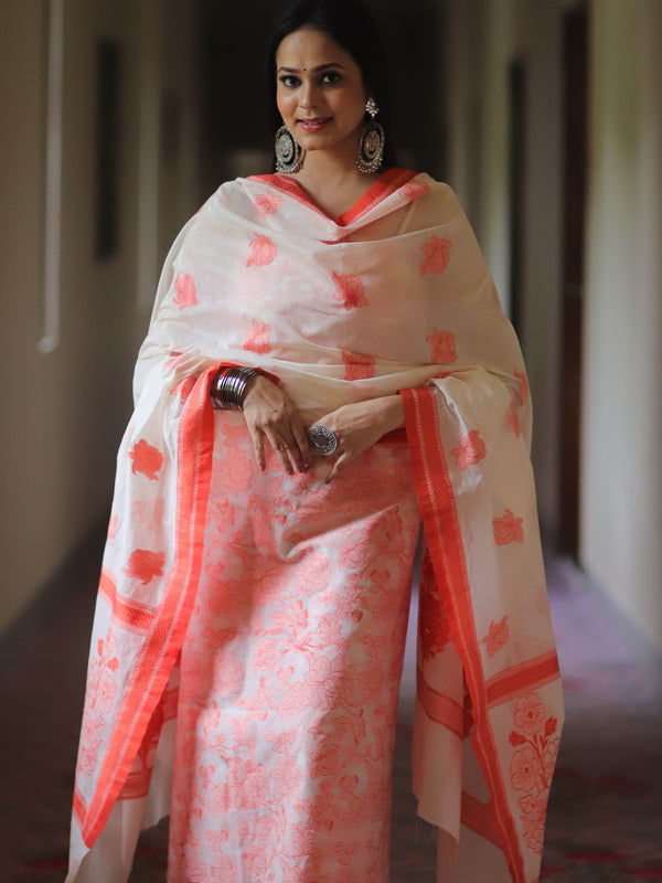 Banarasee Cotton Silk Resham Work Salwar Kameez Fabric & Dupatta-White