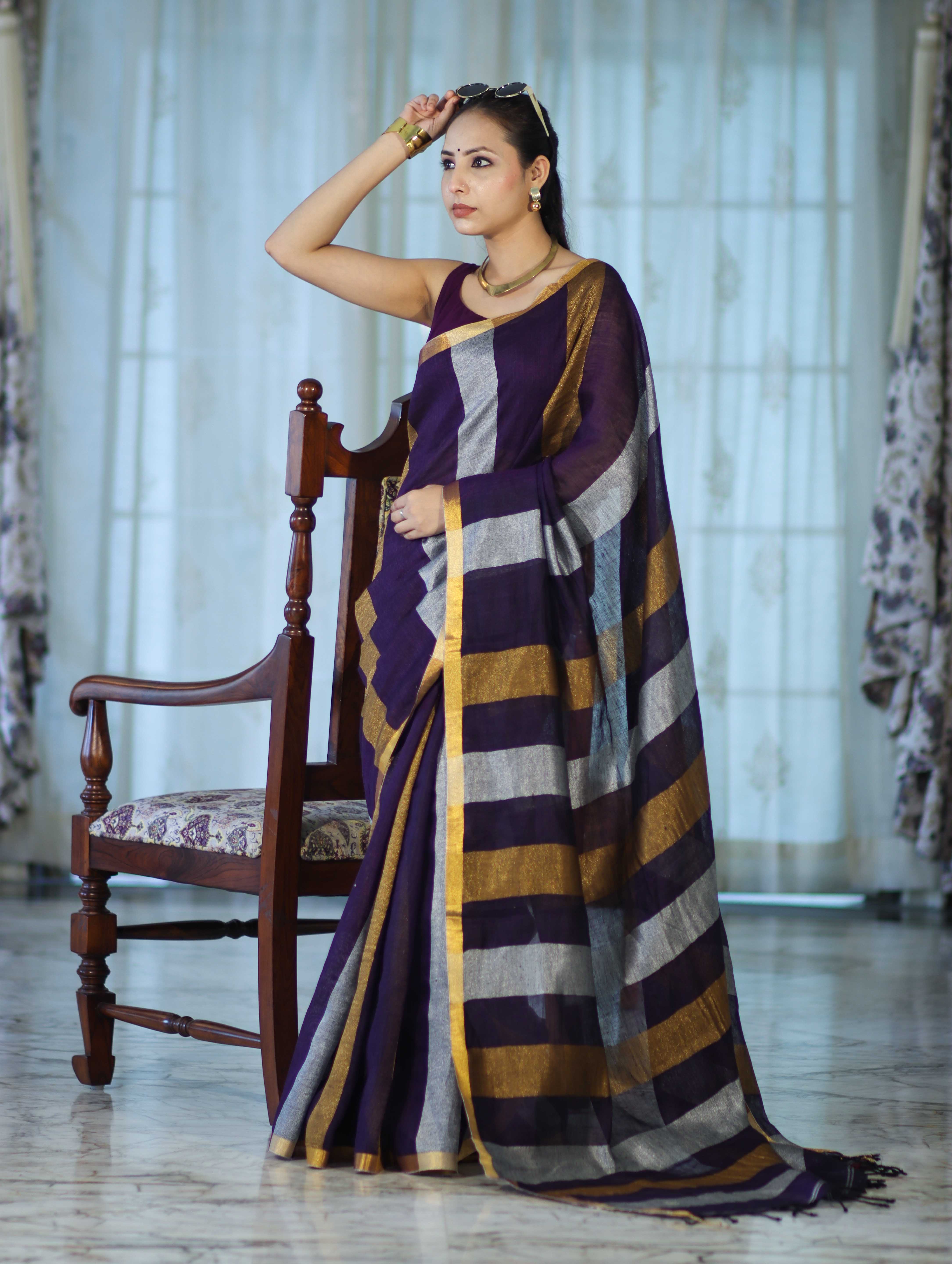 Bhagalpur Handloom Pure Linen Saree With Gold & Silver Stripes-Violet