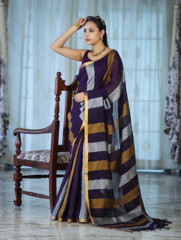 Bhagalpur Handloom Pure Linen Saree With Gold & Silver Stripes-Violet