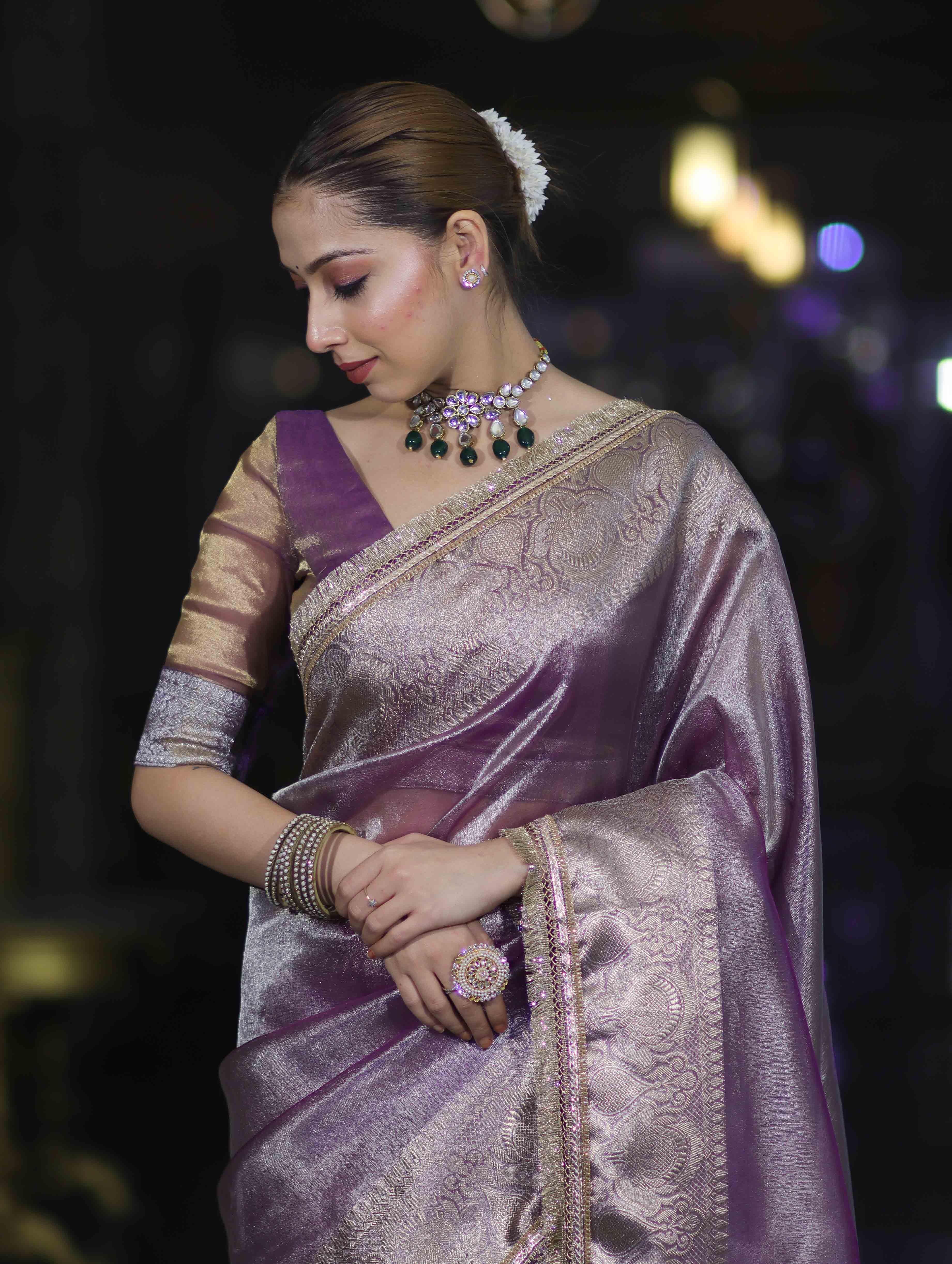 Banarasee Handloom Plain Tissue Saree With Zari Border & Lace-Light Purple