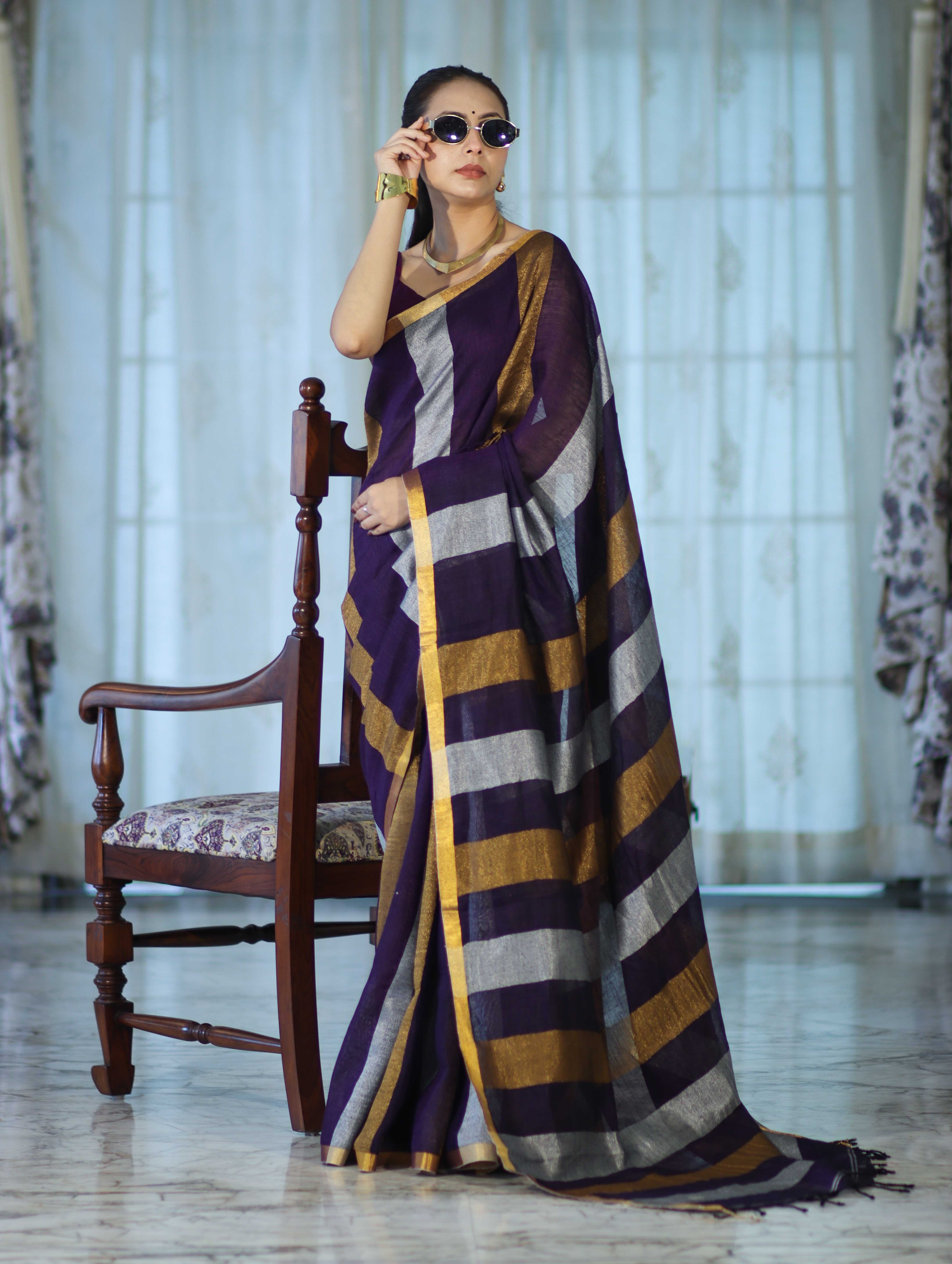 Bhagalpur Handloom Pure Linen Saree With Gold & Silver Stripes-Violet