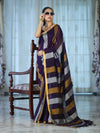 Bhagalpur Handloom Pure Linen Saree With Gold & Silver Stripes-Violet