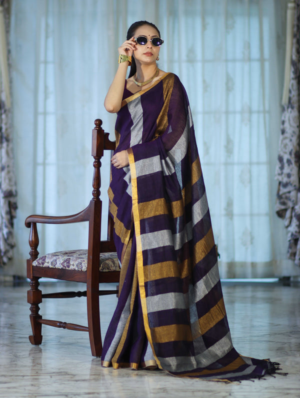 Bhagalpur Handloom Pure Linen Saree With Gold & Silver Stripes-Violet