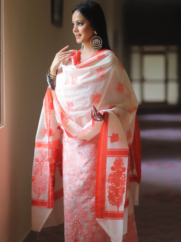 Banarasee Cotton Silk Resham Work Salwar Kameez Fabric & Dupatta-White
