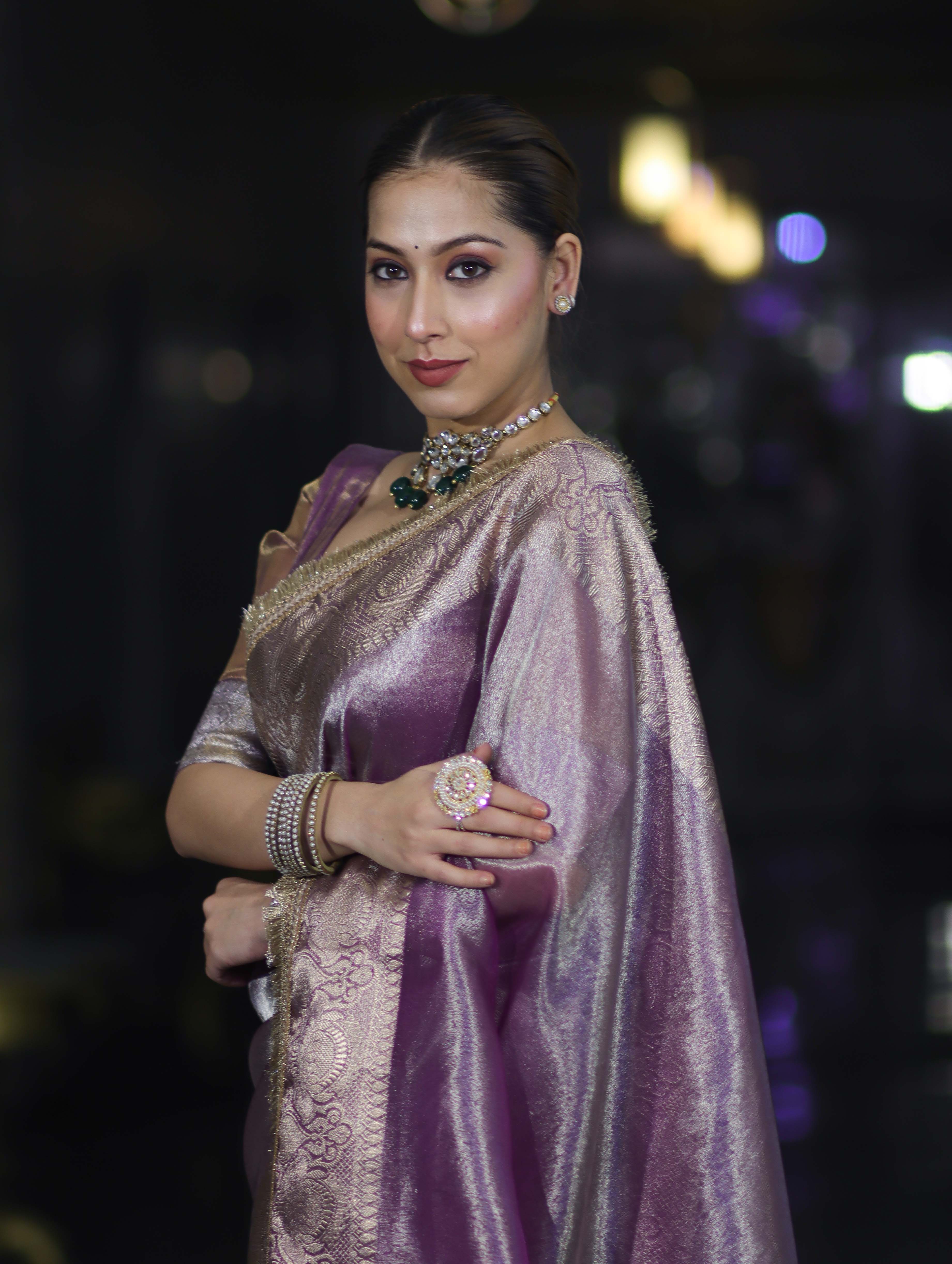 Banarasee Handloom Plain Tissue Saree With Zari Border & Lace-Light Purple