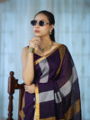 Bhagalpur Handloom Pure Linen Saree With Gold & Silver Stripes-Violet