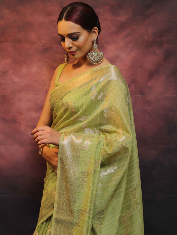 Banarasee Handloom Linen Silk Mix Zari Work Saree-Green