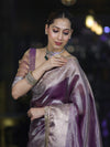 Banarasee Handloom Plain Tissue Saree With Zari Border & Lace-Light Purple