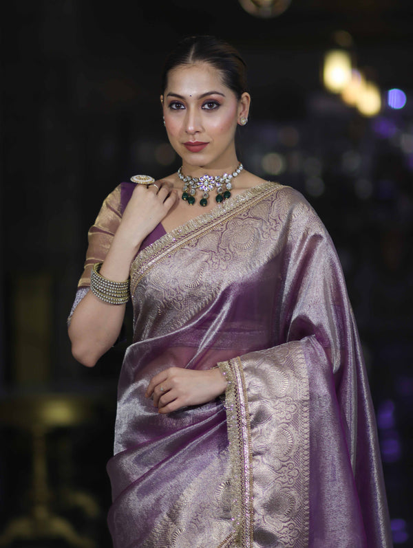 Banarasee Handloom Plain Tissue Saree With Zari Border & Lace-Light Purple