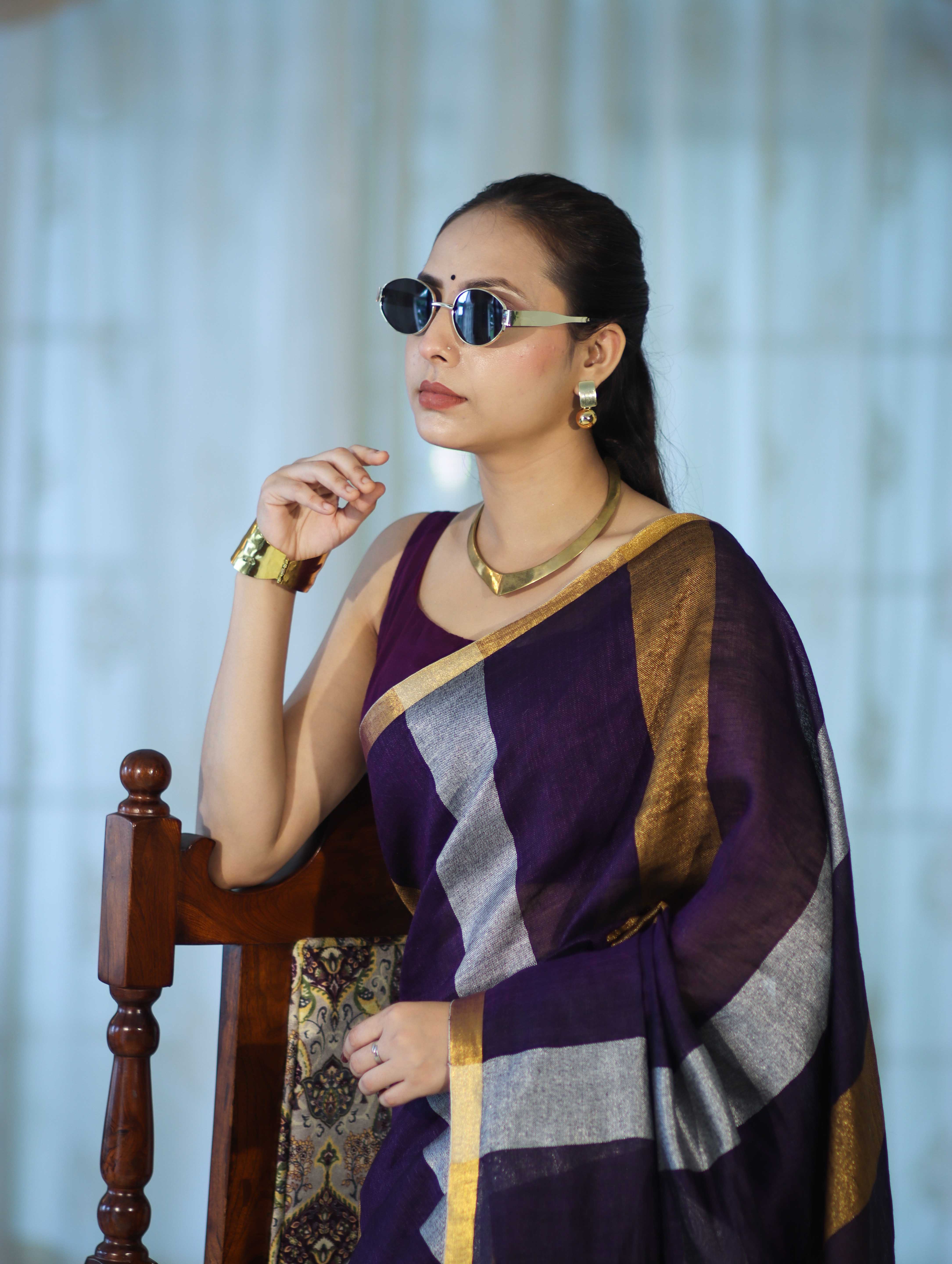 Bhagalpur Handloom Pure Linen Saree With Gold & Silver Stripes-Violet