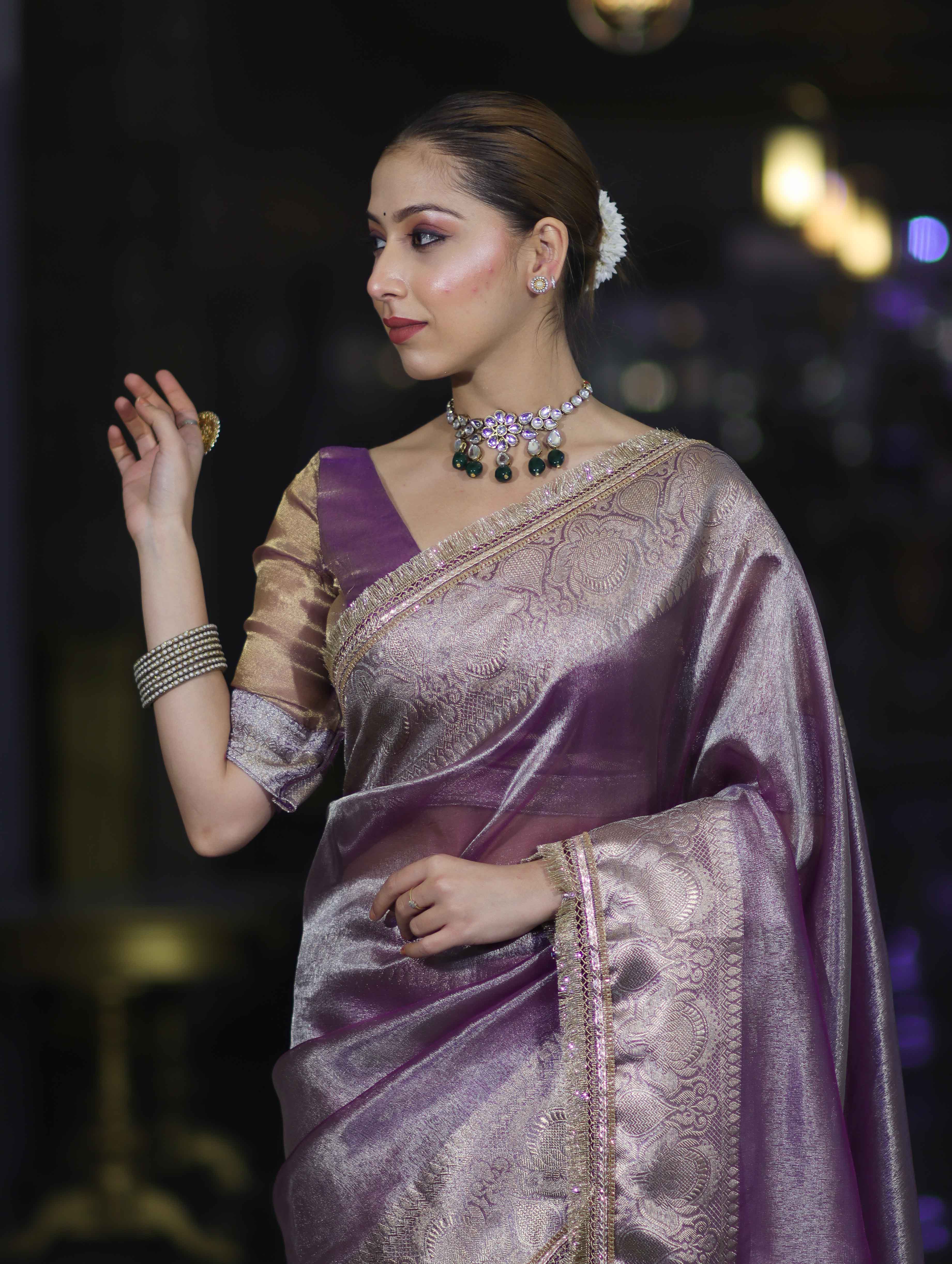 Banarasee Handloom Plain Tissue Saree With Zari Border & Lace-Light Purple