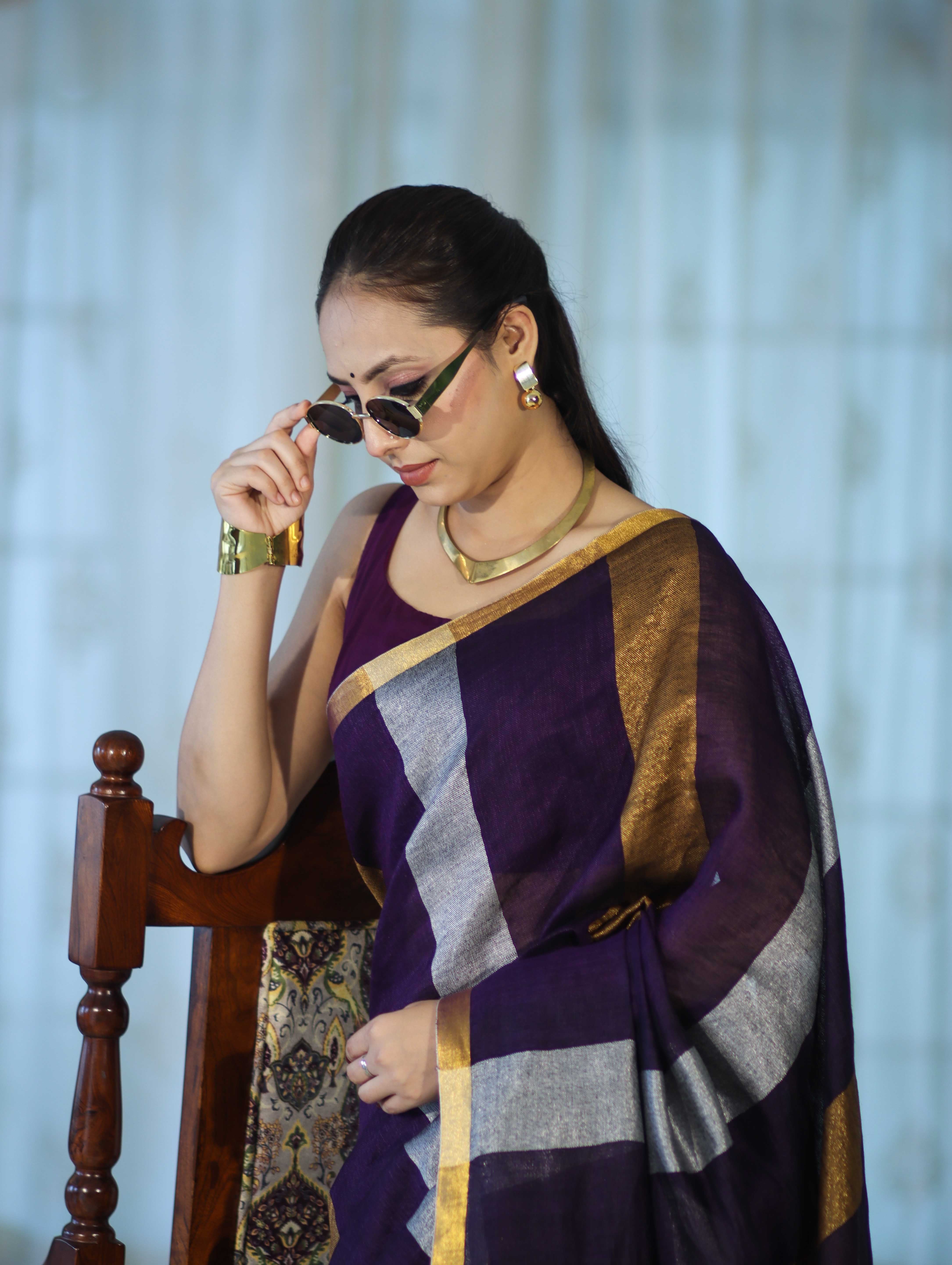 Bhagalpur Handloom Pure Linen Saree With Gold & Silver Stripes-Violet