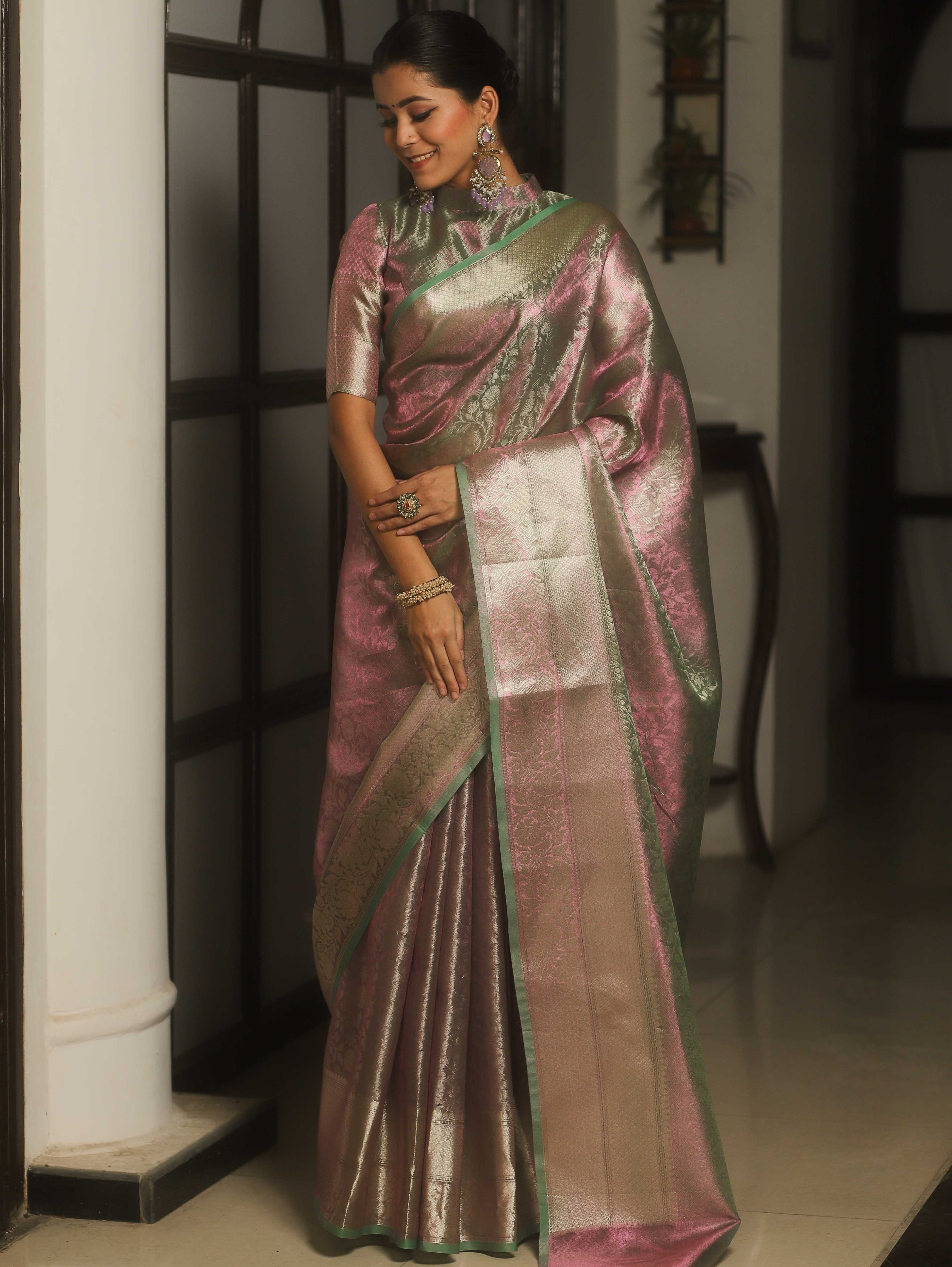 Banarasee Handwoven Zari Jaal Design Tissue Saree-Purple (Green Dual Tone)