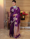 Banarasee Handwoven Mashru Silk Saree With Sona Rupa Zari Buta Design Border & Lace-Purple