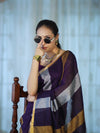 Bhagalpur Handloom Pure Linen Saree With Gold & Silver Stripes-Violet