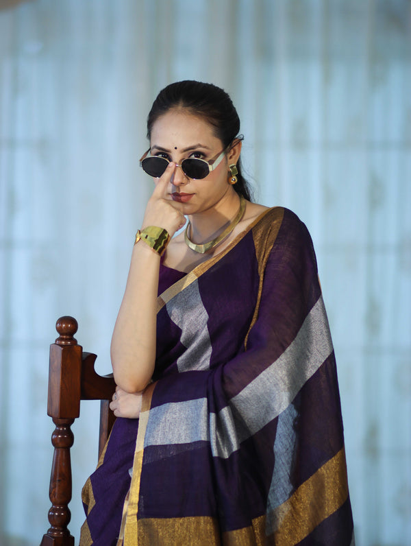 Bhagalpur Handloom Pure Linen Saree With Gold & Silver Stripes-Violet