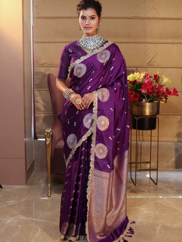 Banarasee Handwoven Mashru Silk Saree With Sona Rupa Zari Buta Design Border & Lace-Purple