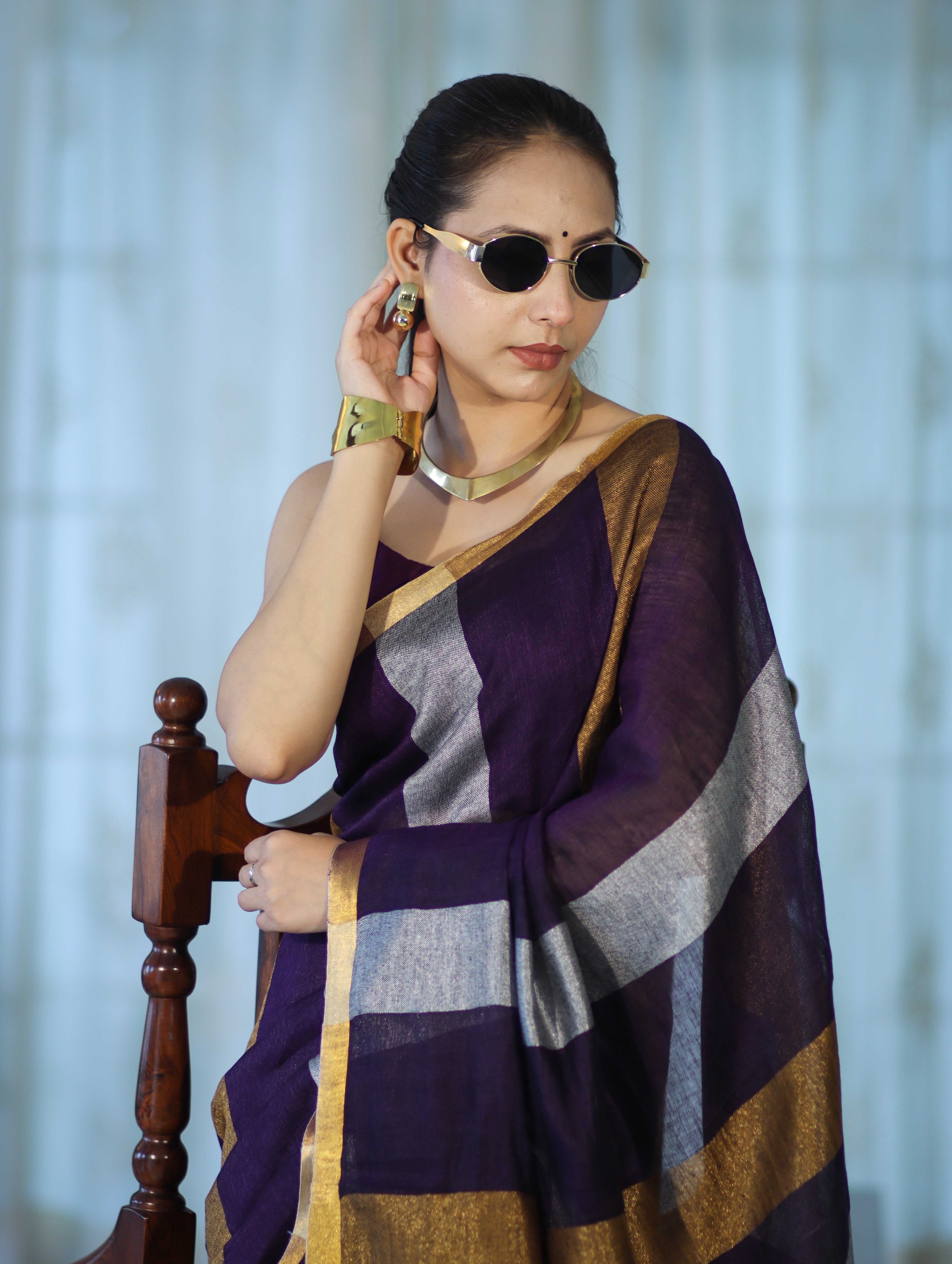 Bhagalpur Handloom Pure Linen Saree With Gold & Silver Stripes-Violet