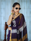 Bhagalpur Handloom Pure Linen Saree With Gold & Silver Stripes-Violet